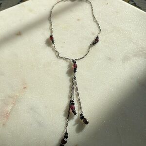 Antique sterling silver garnet and cultured pearl Y shaped necklace